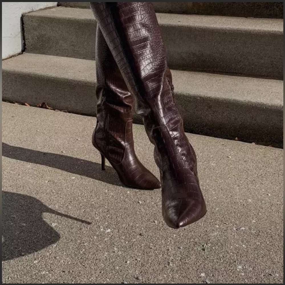 Express Brown Croc-Embossed Heeled Boots
